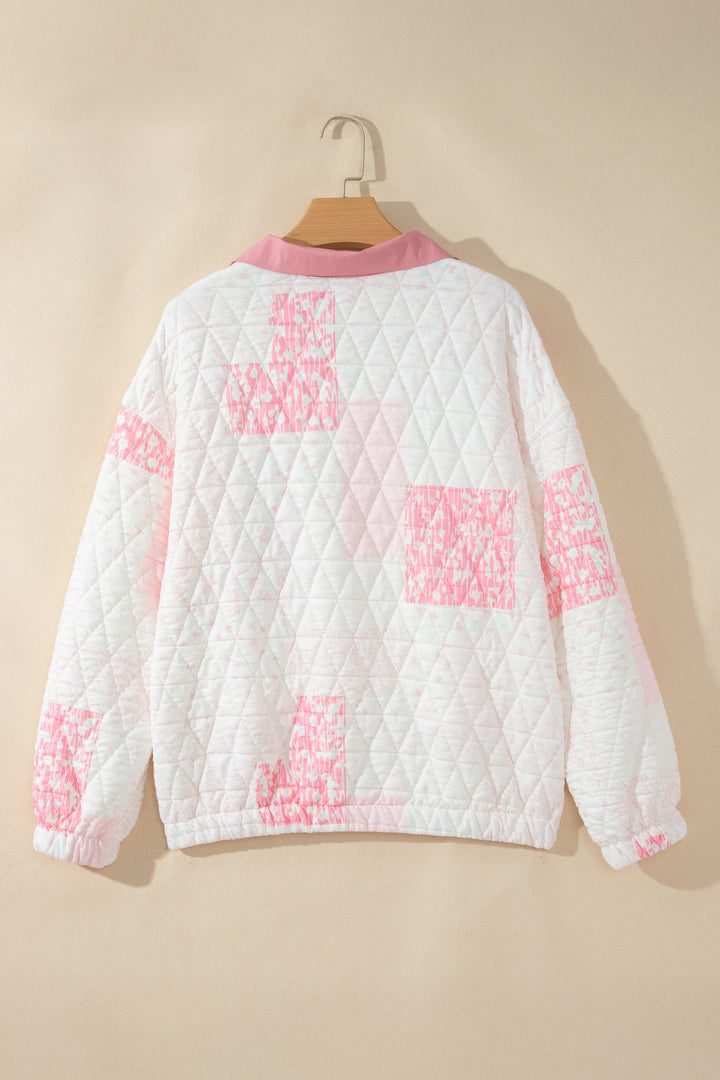Floral Quilted Half Button Pocketed Pullover Sweatshirt