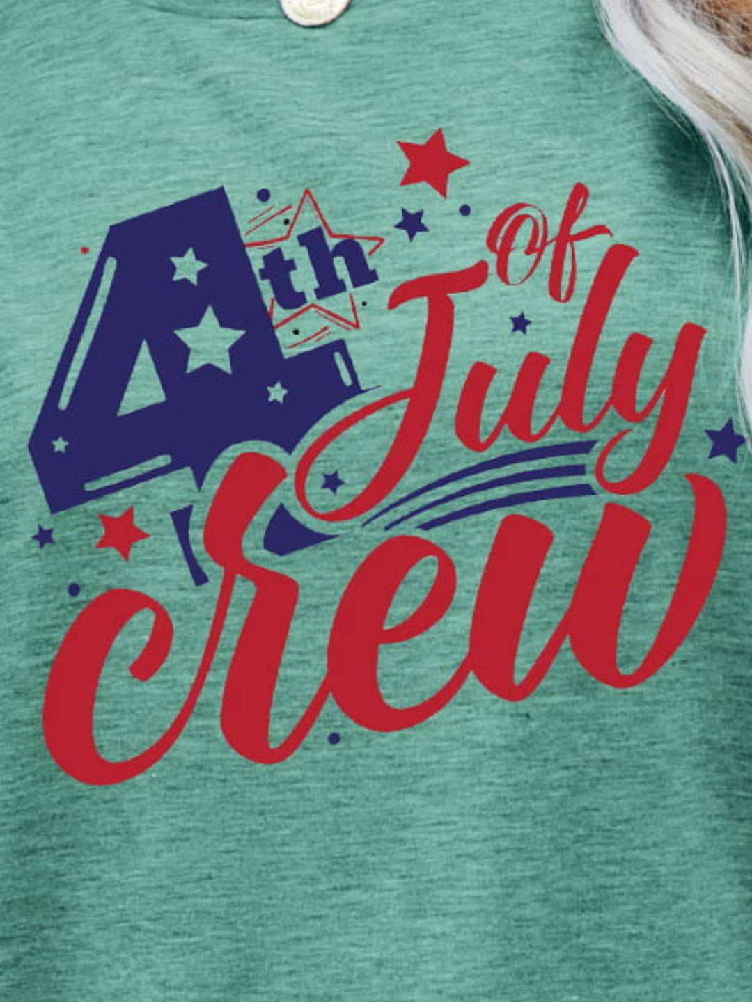 a woman wearing a fourth of july crew t - shirt