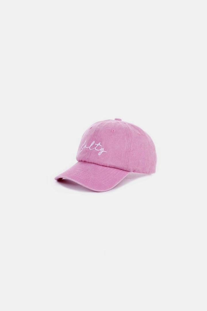 a pink hat with a white logo on it