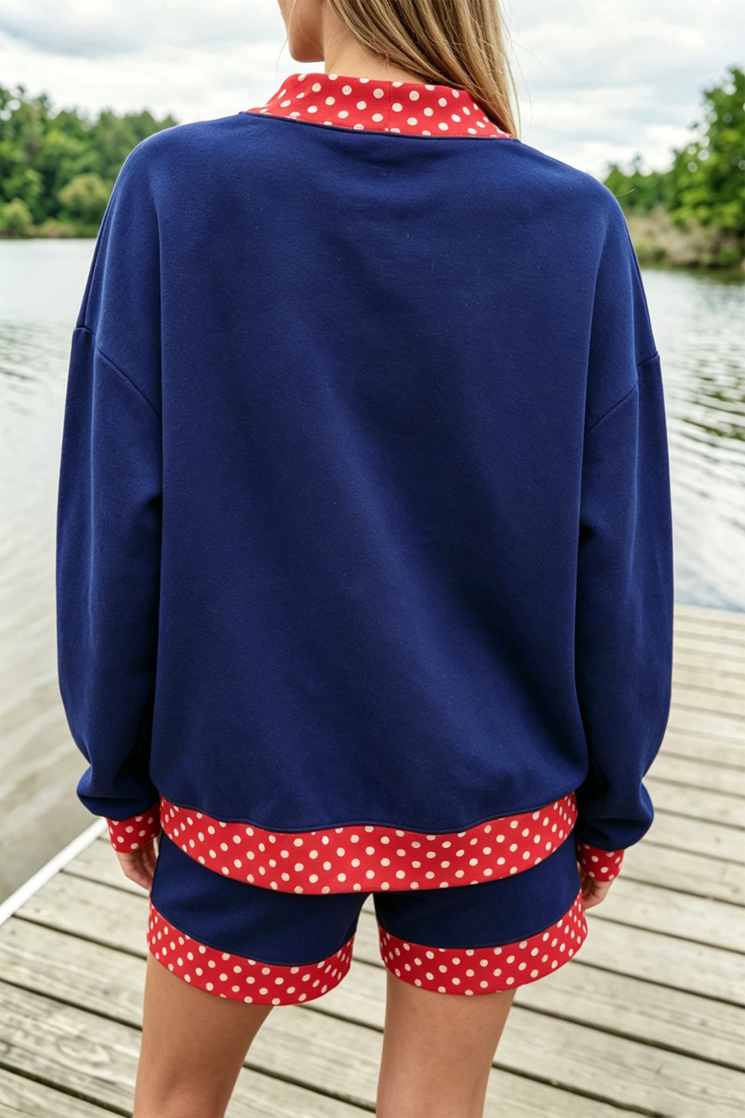 Polka Dot Trim Baggy Pullover 2pcs Short Set