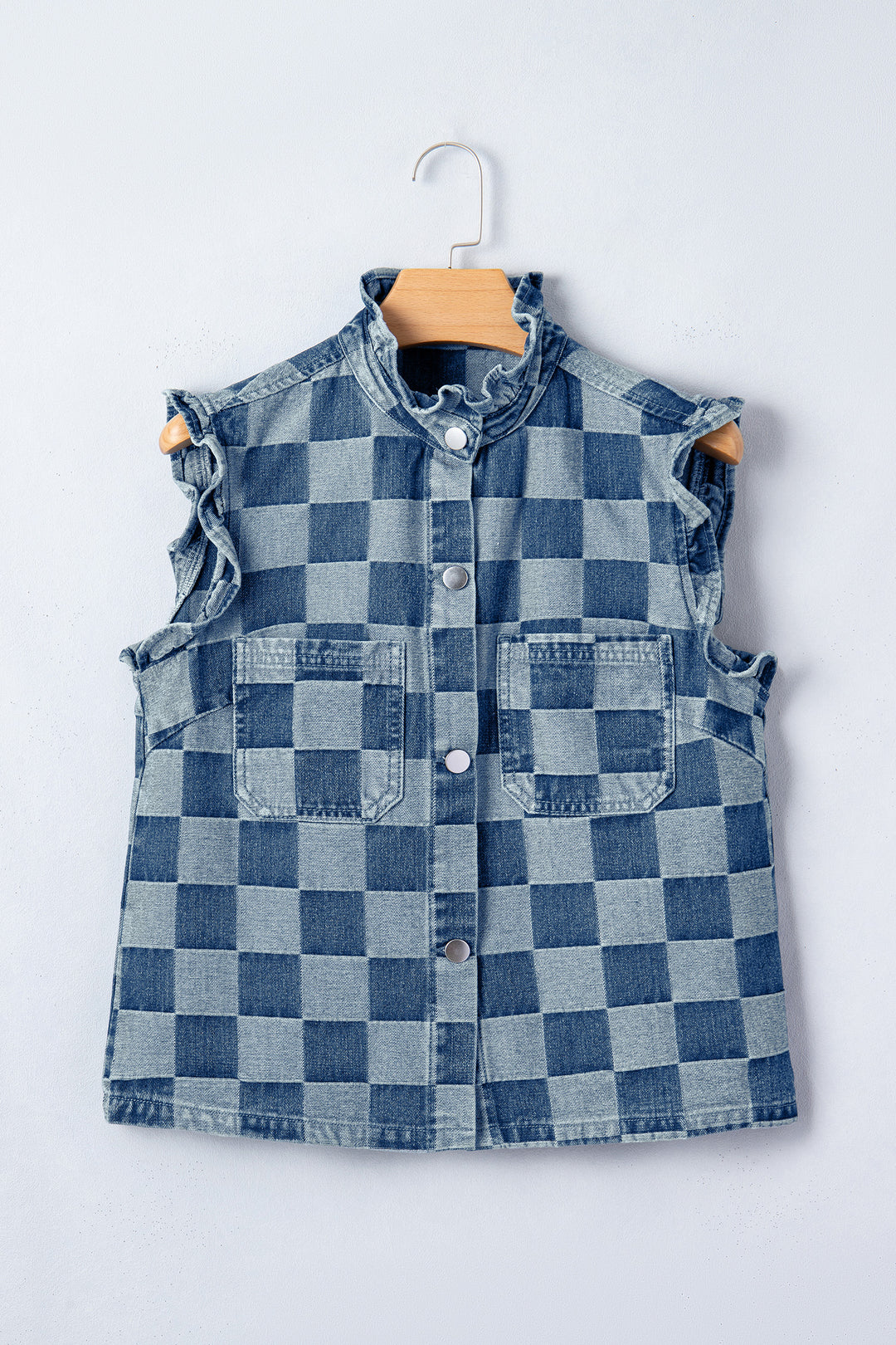 Beau Blue Checkered Ruffle Trim Button Down Denim Vest