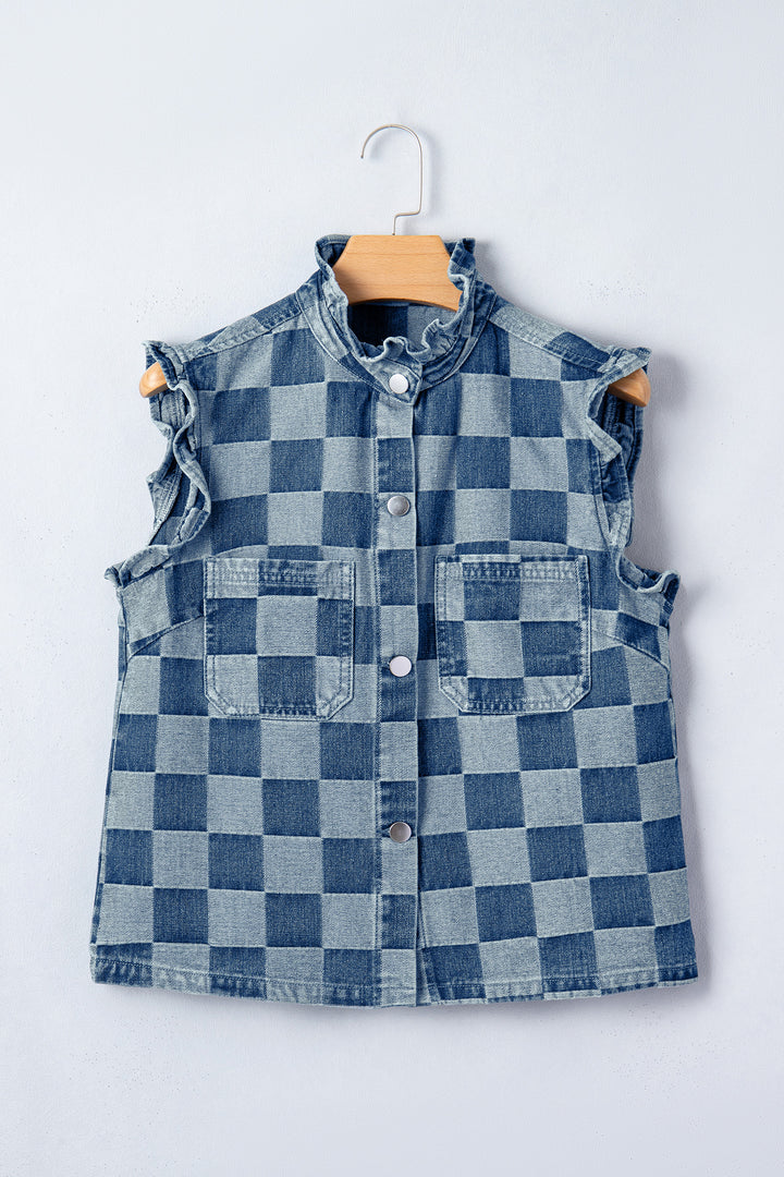 Beau Blue Checkered Ruffle Trim Button Down Denim Vest