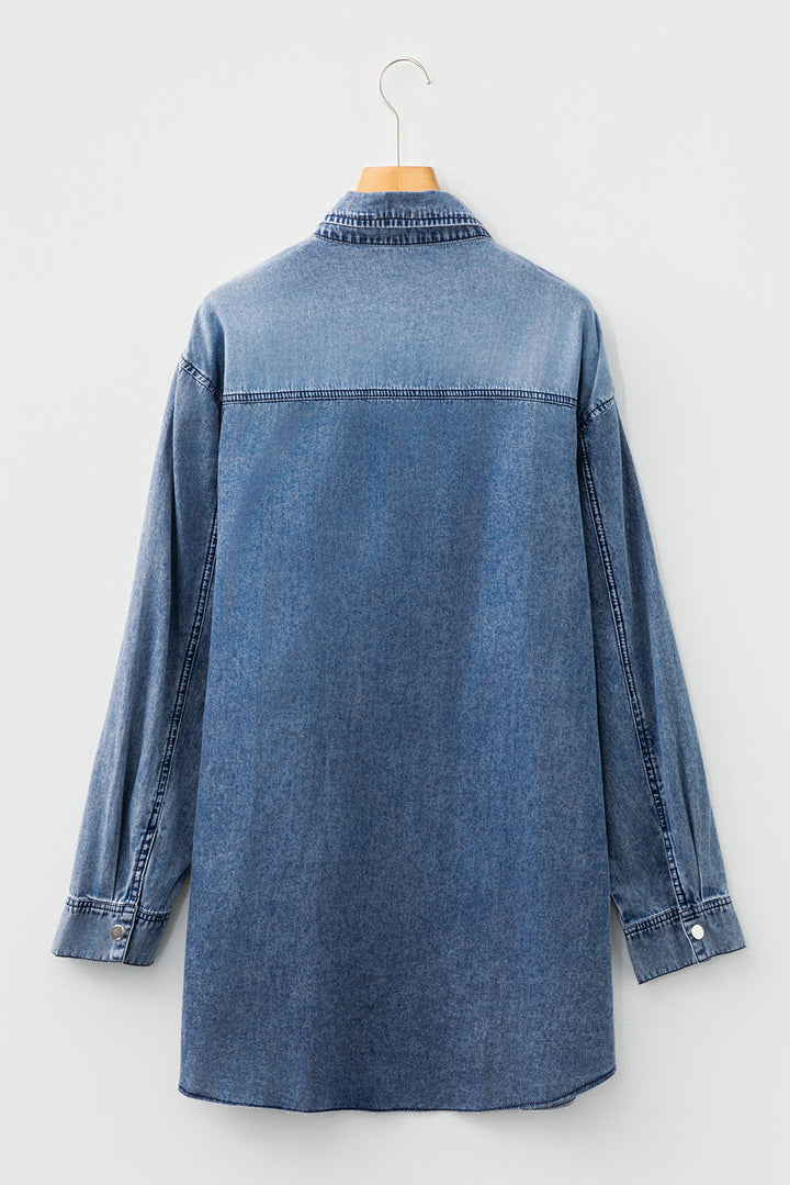 Blue Beau Chest Pocket Raw Hem Denim Loose Shirt Dress