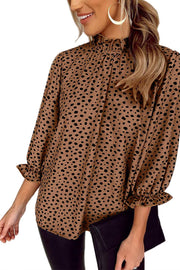 Brown Leopard Print Frill Neck 3/4 Sleeves Blouse -