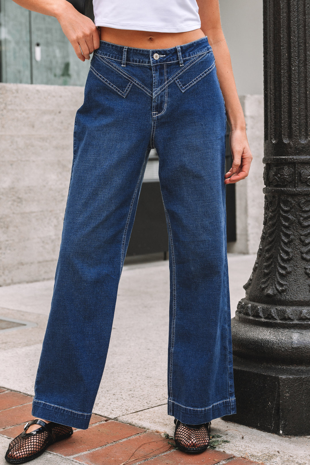 Sail Blue Stitched Waist Detail Loose Cuffed Jeans