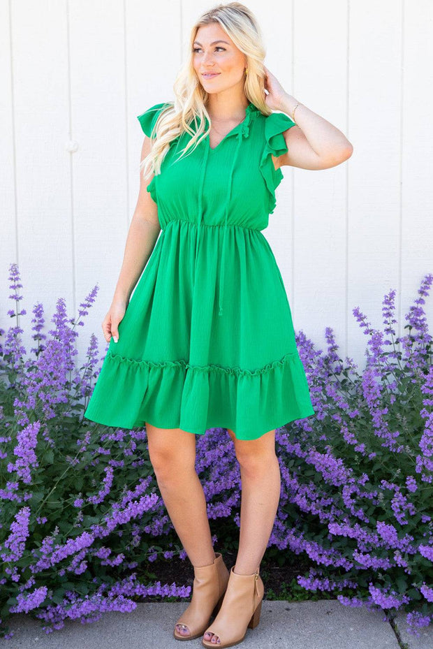 Bright Green Split V Neck Elastic Waist Ruffled Mini Dress -