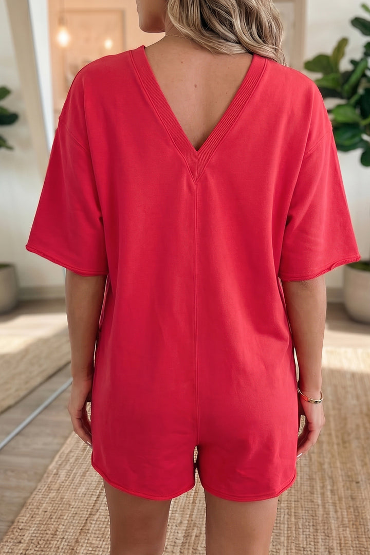 Solid Color Raw Edge Half Sleeve Pocketed Loose Romper