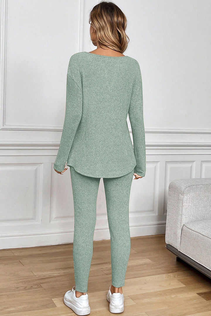 Ribbed Notched Neck Knit Long Sleeve Leggings Two Pieces Lounge Set