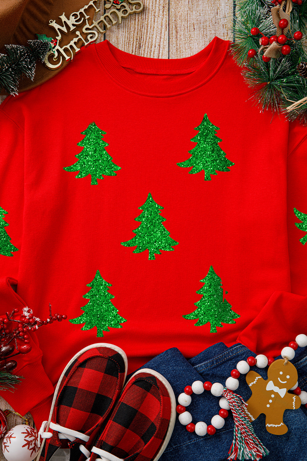 Red Christmas Tree Printed Holiday Graphic Sweatshirt