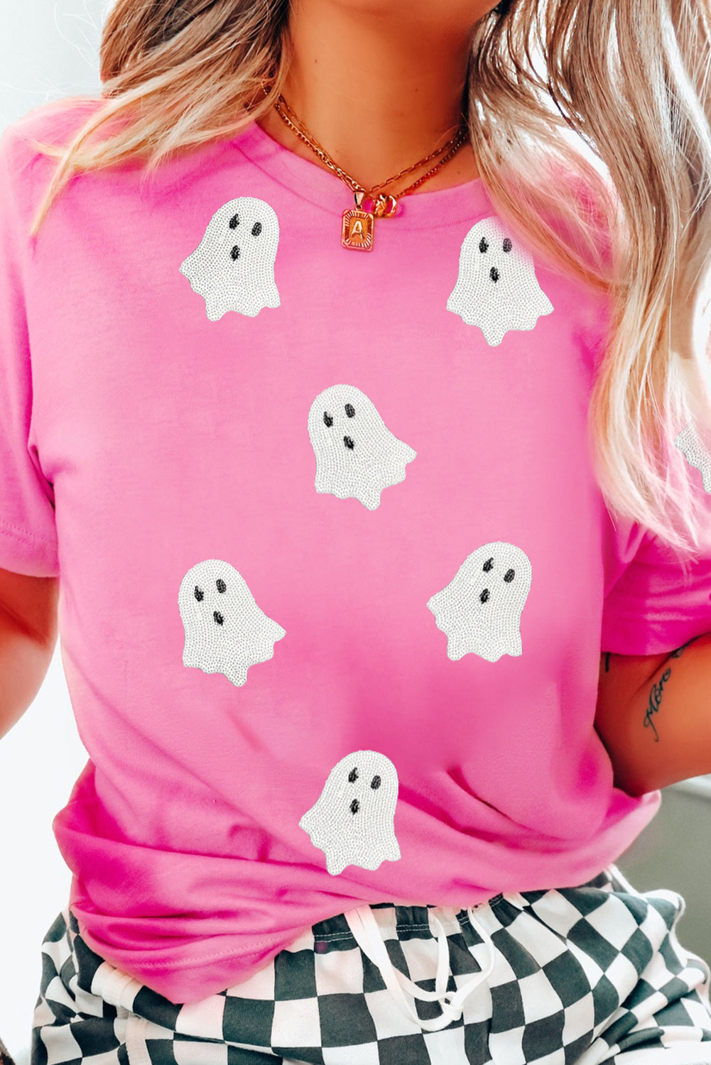 Sequin Halloween Ghost Patched Casual T Shirt