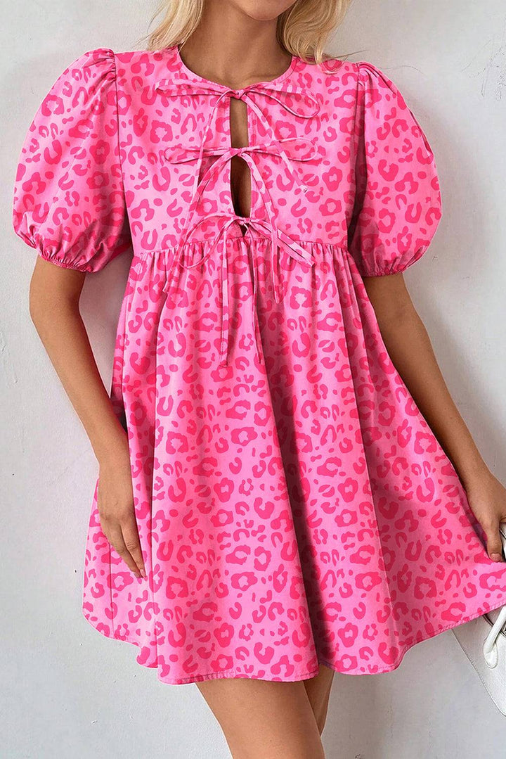 Rose Leopard Puff Sleeve Tie Front High Waist Mini Dress