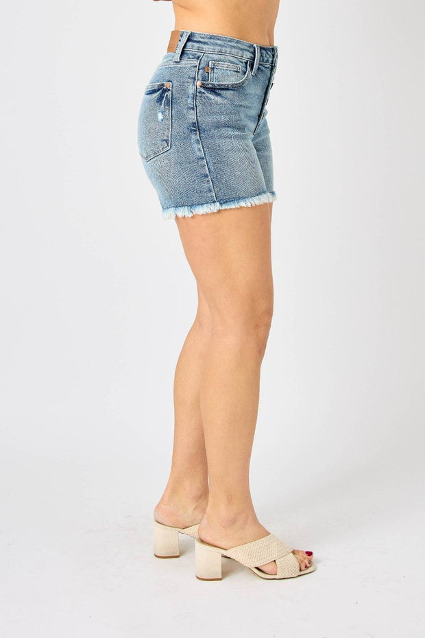Judy Blue Full Size Button Fly Raw Hem Denim Shorts -
