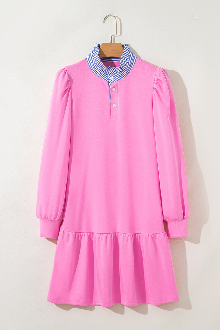 Contrast Striped Collar Patchwork Puff Sleeve Ruffle Hem Mini Dress