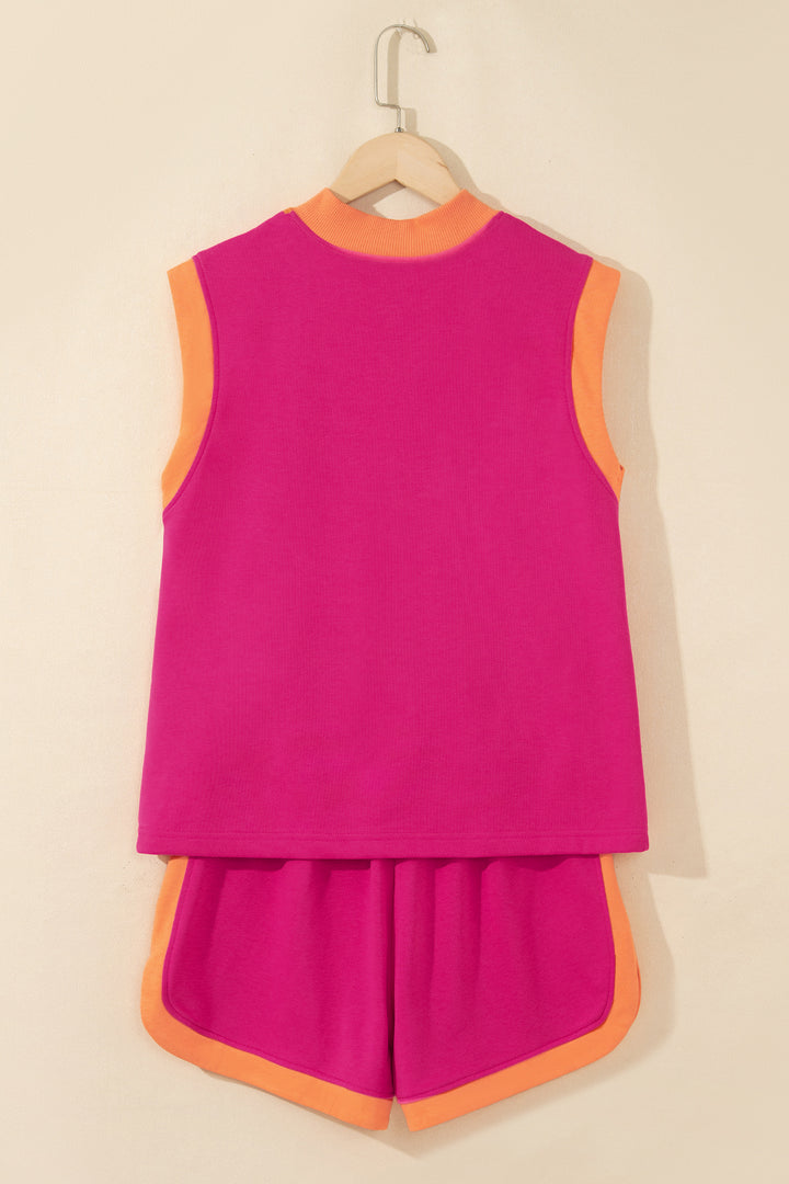 Color Block Accent Half Zip Top Athleisure Shorts Set