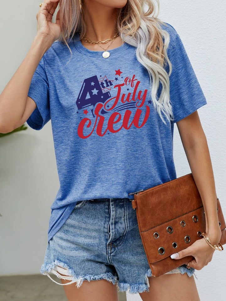 a woman wearing a blue fourth of july crew t - shirt
