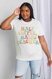 a woman wearing a half coffee half teacher t - shirt