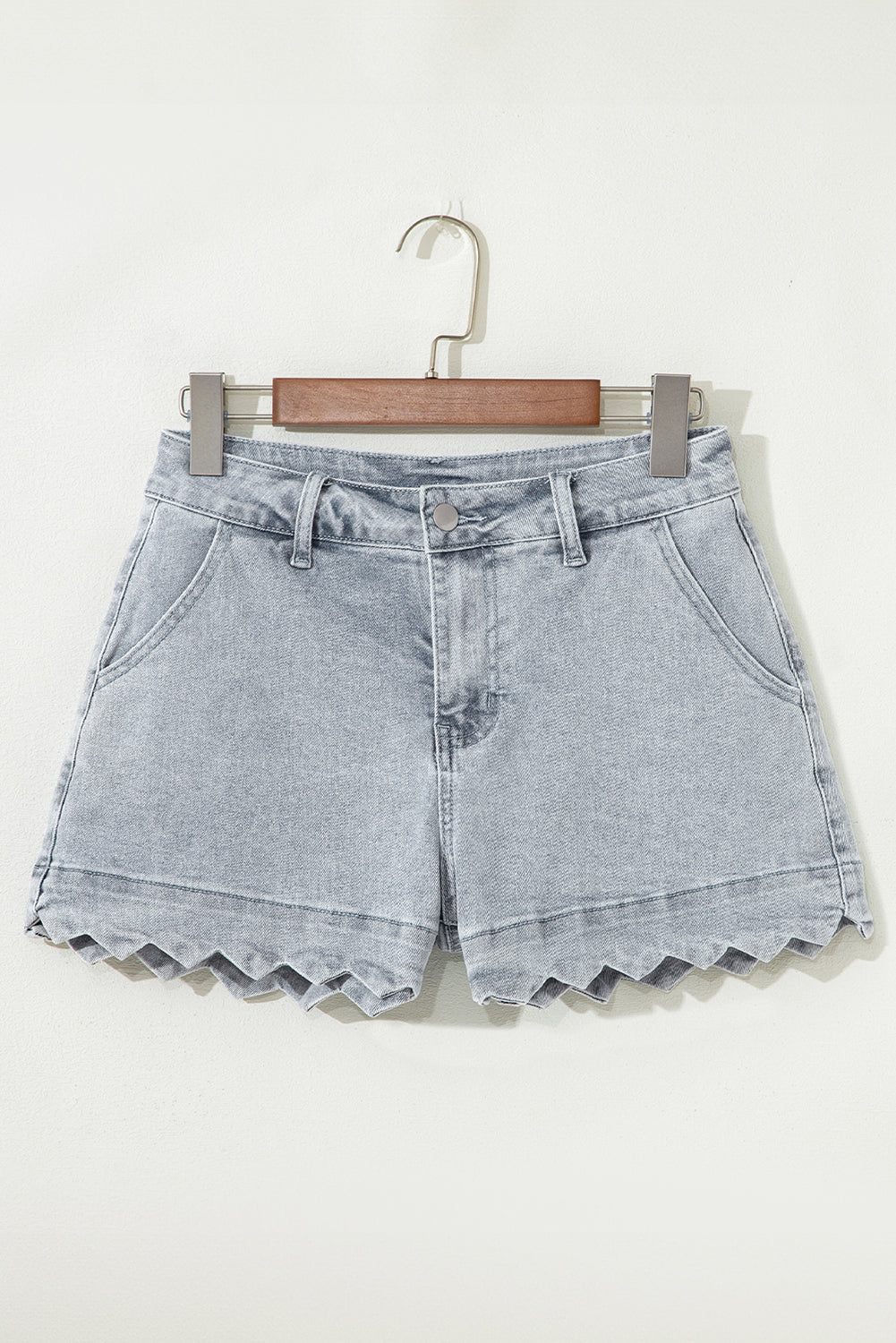 Sail Blue Scalloped Hemline Acid Wash High Waist Denim Shorts