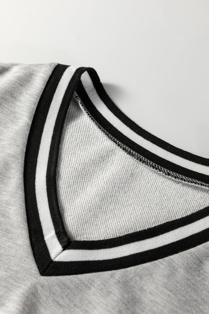 Light Grey Striped Trim V Neck Long Sleeve Preppy T Shirt Dress