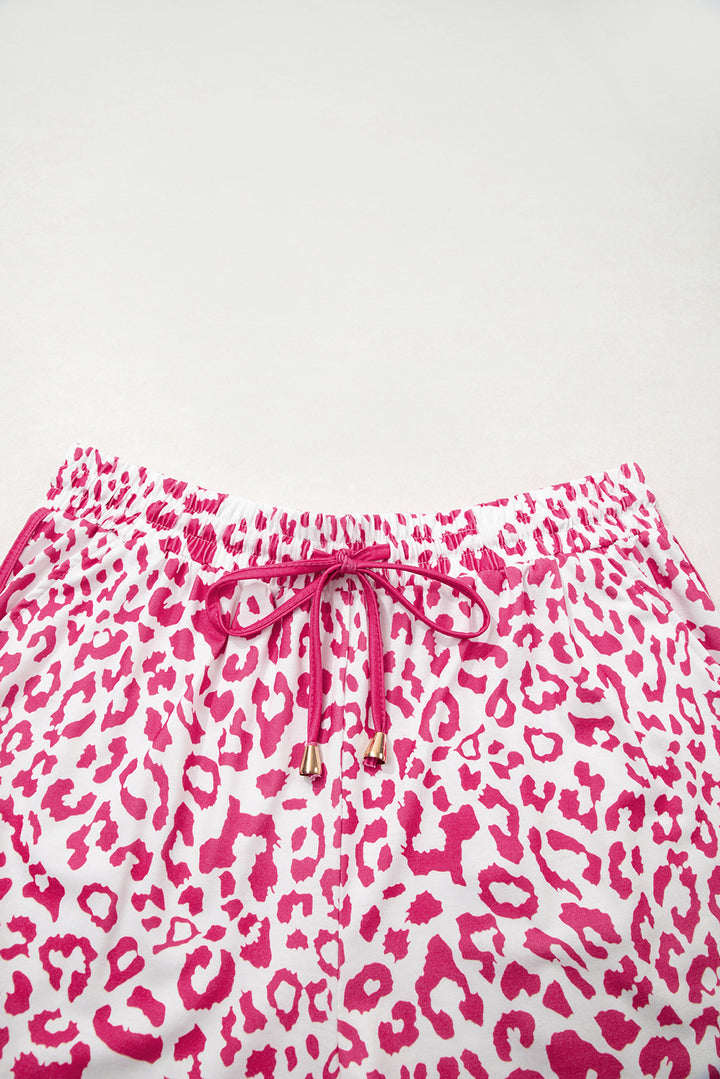 Pink Leopard Elastic Waist Lace up Contrast Trim Casual Shorts