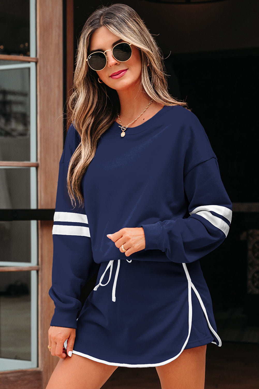 Varsity Stripe Detail Drop Shoulder Pullover Mini Skirt Set