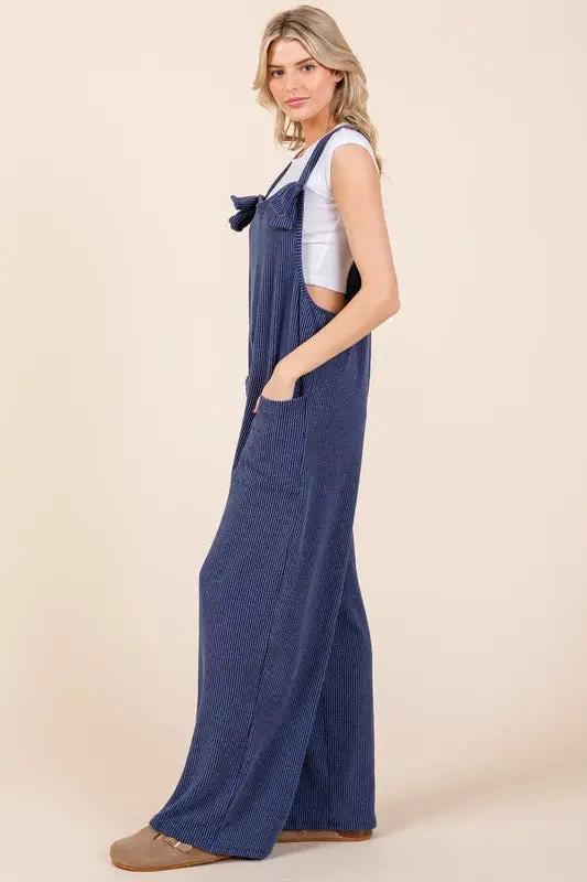 BOMBOM Knot Straps Wide Leg Ribbed Overalls with Pockets