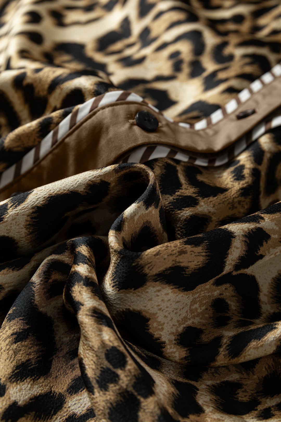 Brown Leopard Collared 3/4 Sleeve Shirt and Loose Pants Two Piece Outfit Set