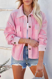 Pink Turn-Down Collar Pockets Shirt Jacket -