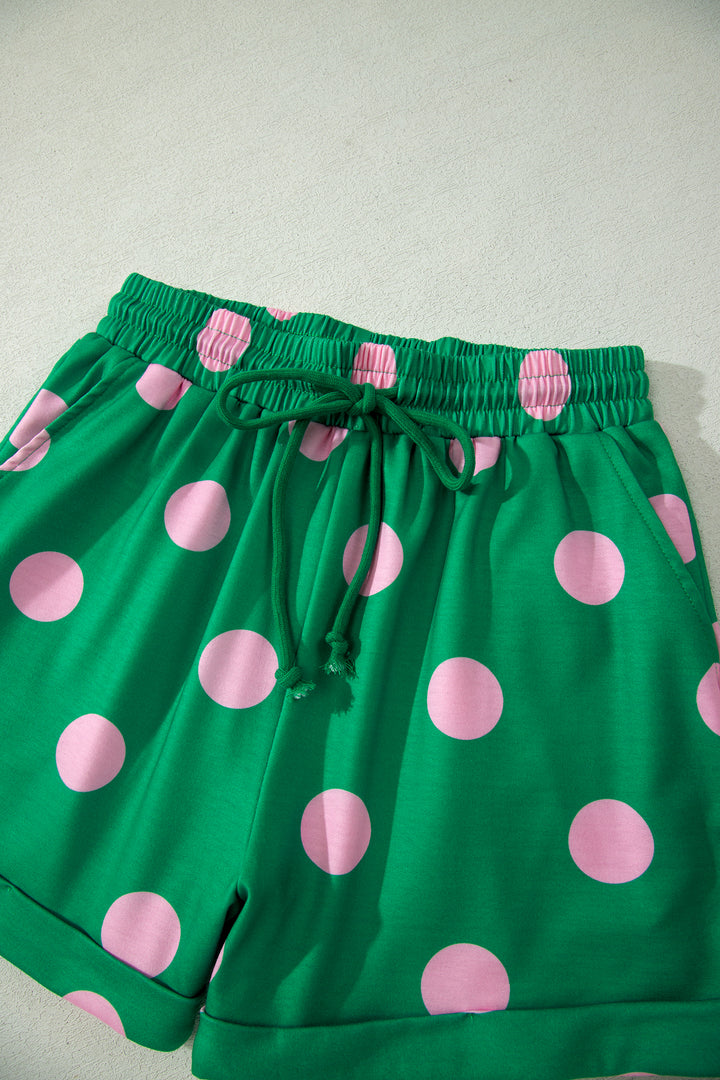 Polka Dot Print V Neck Tee Short Set