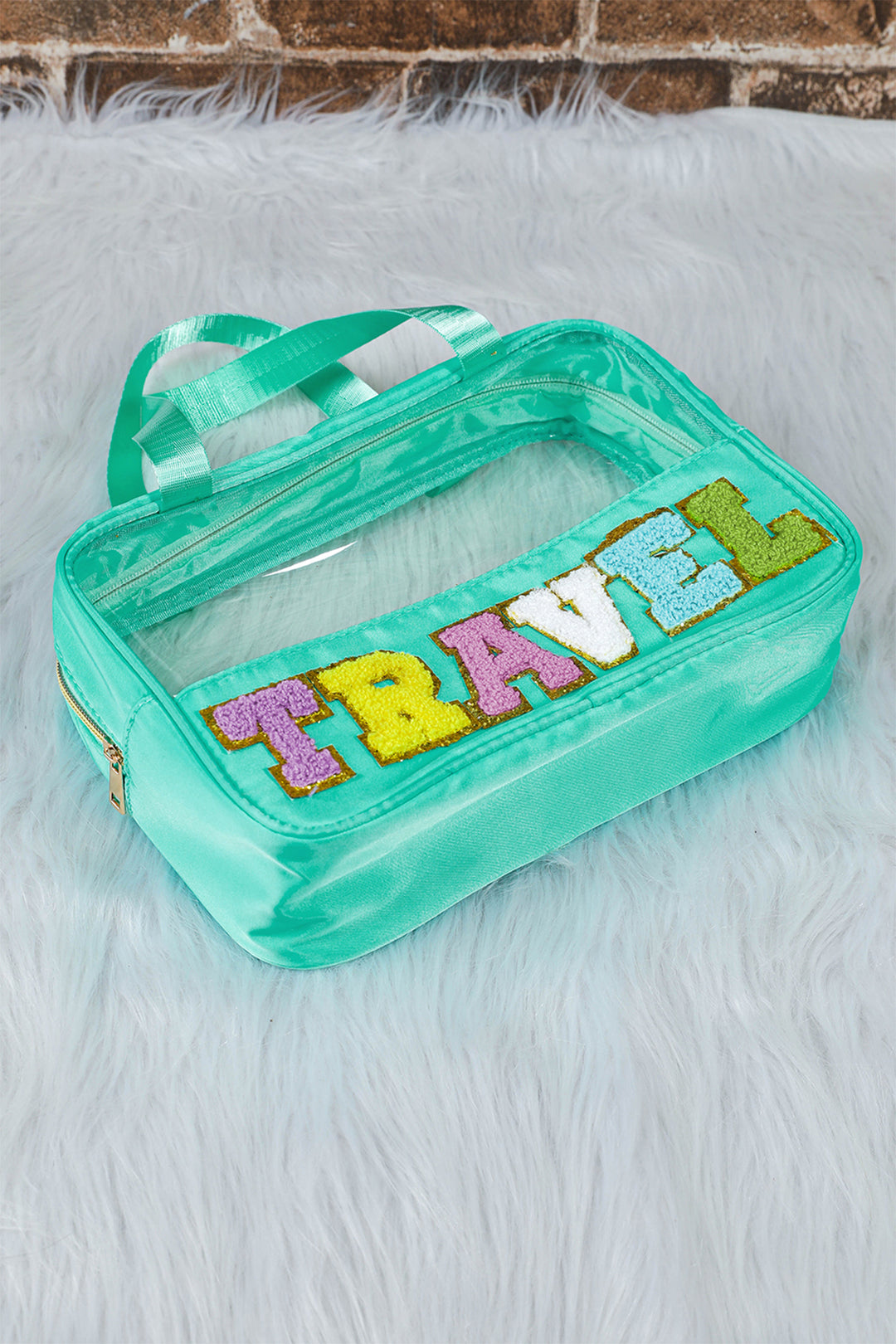 Mint Green TRAVEL Chenille Letter Clear PVC Makeup Bag