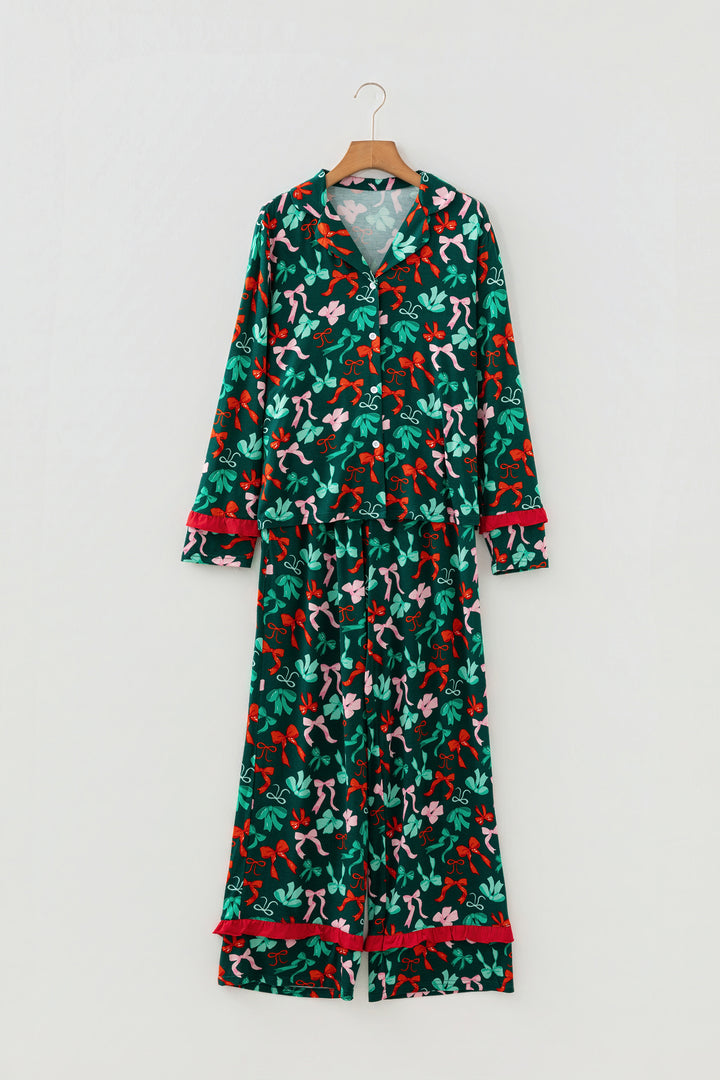 Green Festive Bow Print 2pcs Christmas Pajama Pant Set