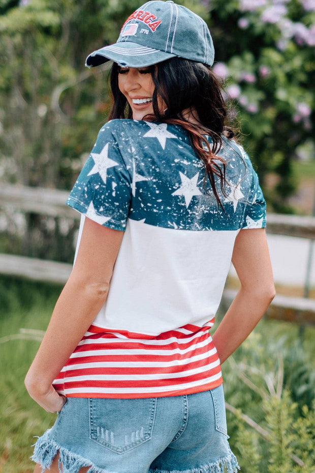 Multicolor Stars and Stripes Graphic Sequin Patch Pocket T Shirt -