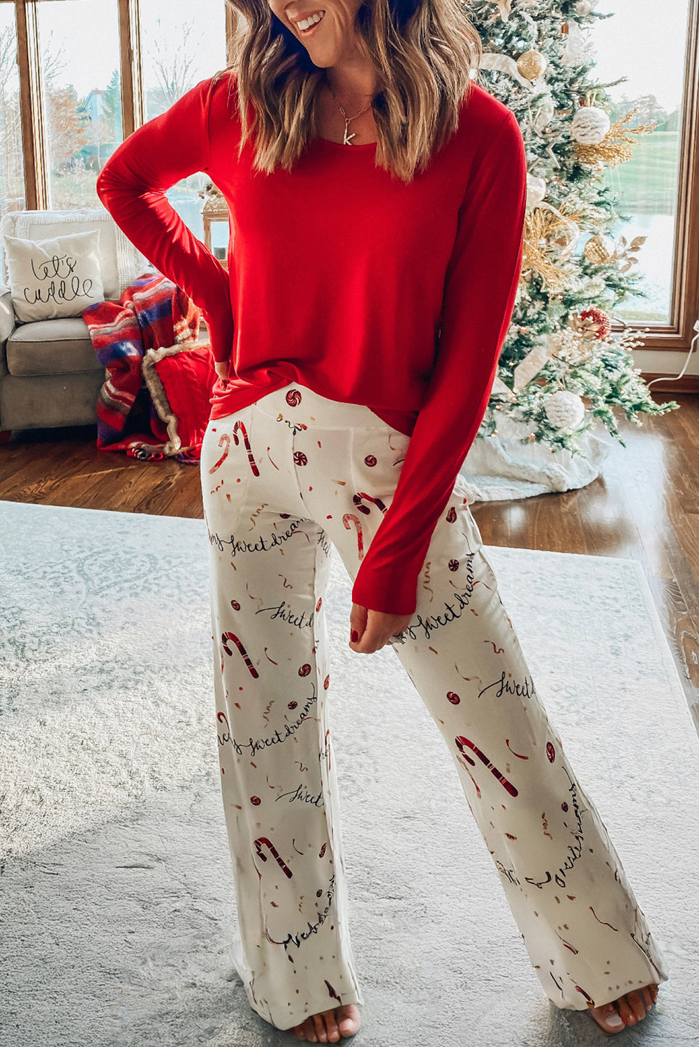 Solid Top and Christmas Pants Two Piece Lounge Set