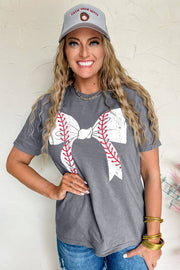 Gray Casual Baseball Bowknot Graphic Roll Up Sleeve Tee -