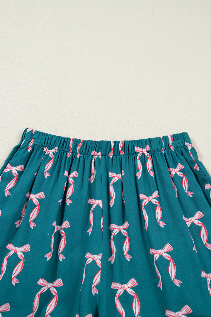 Green Ribbon Bow Print Silky Long Sleeve Shirt and Shorts 2pcs Pajama Set