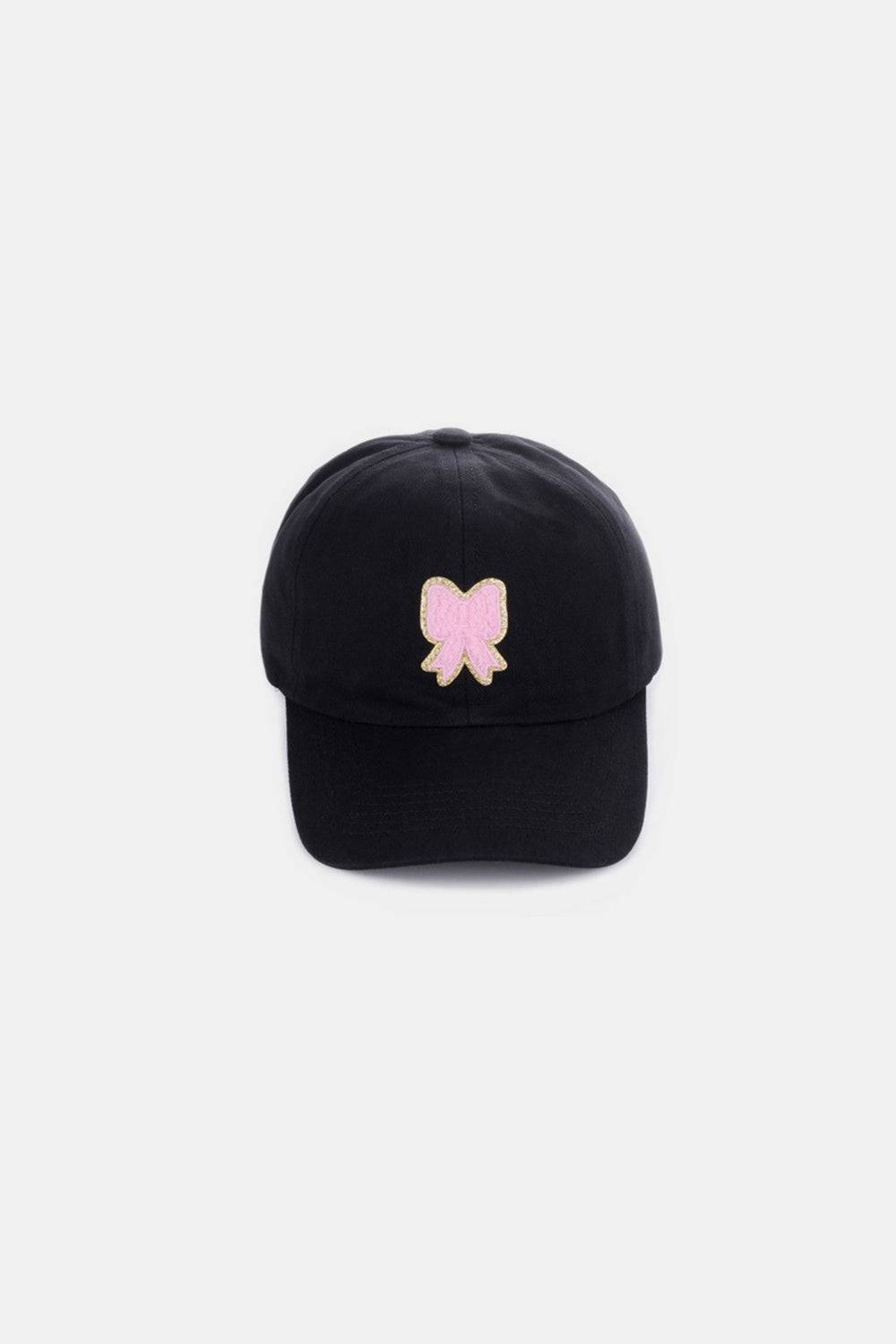 a black hat with a pink bow on it