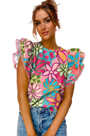 Multicolor Floral Print Boho Top Tiered Ruffle Sleeve Blouse -