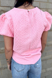 Pink Textured Puff Sleeve Round Neck T-Shirt -