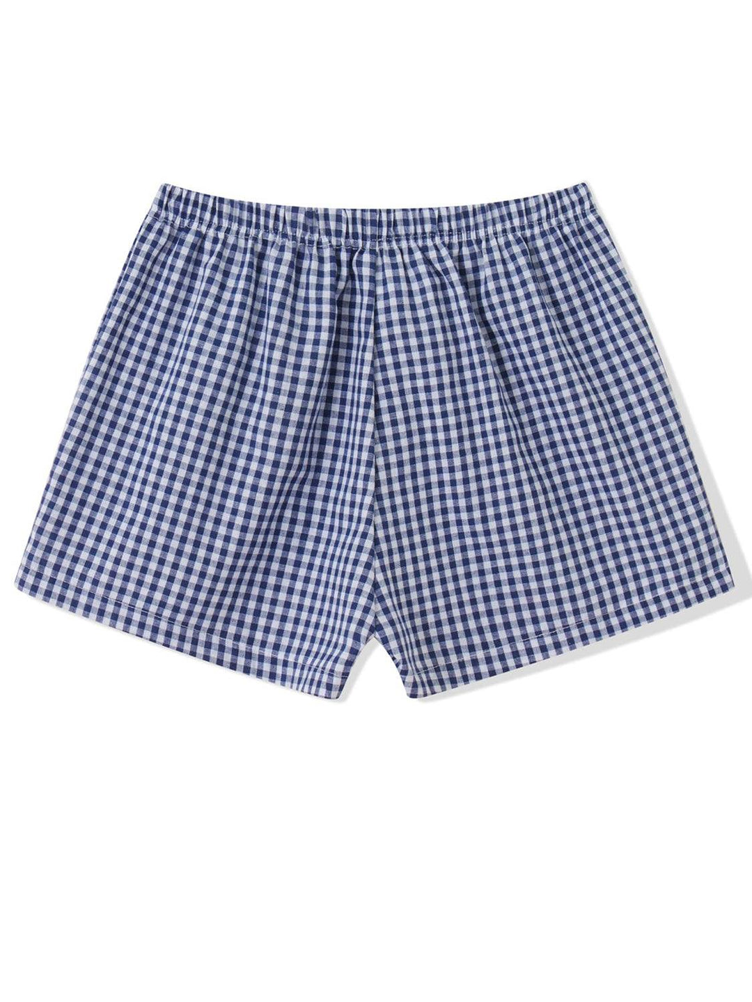 a blue and white checkered boxers with a white background