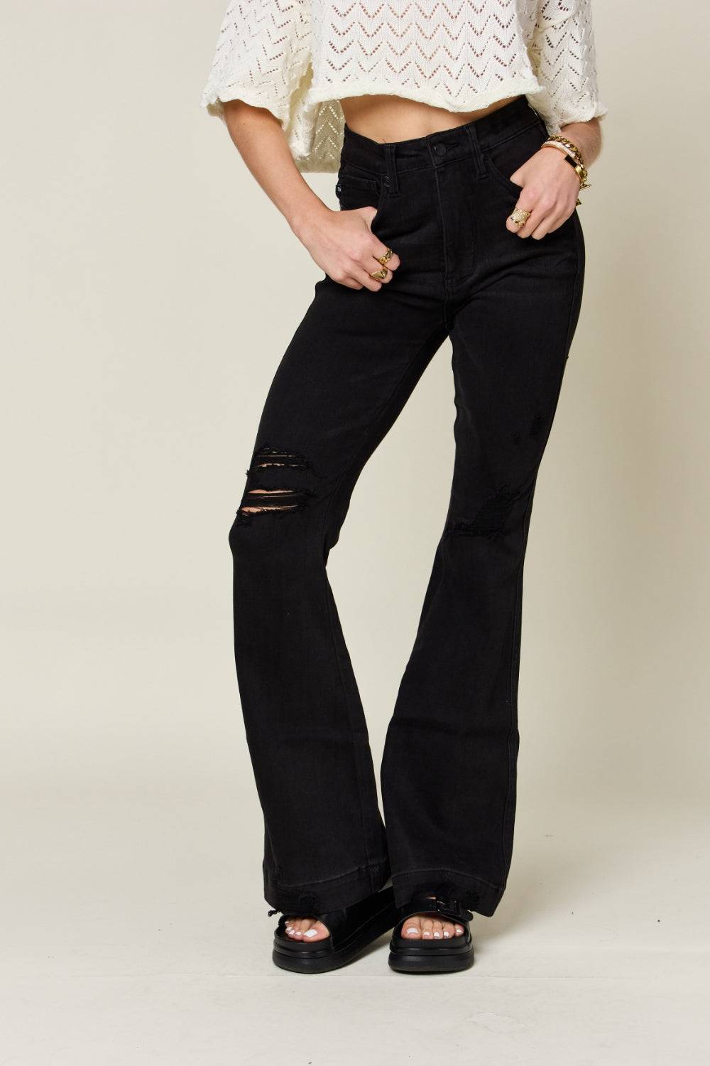 Judy Blue Full Size High Waist Distressed Flare Jeans -