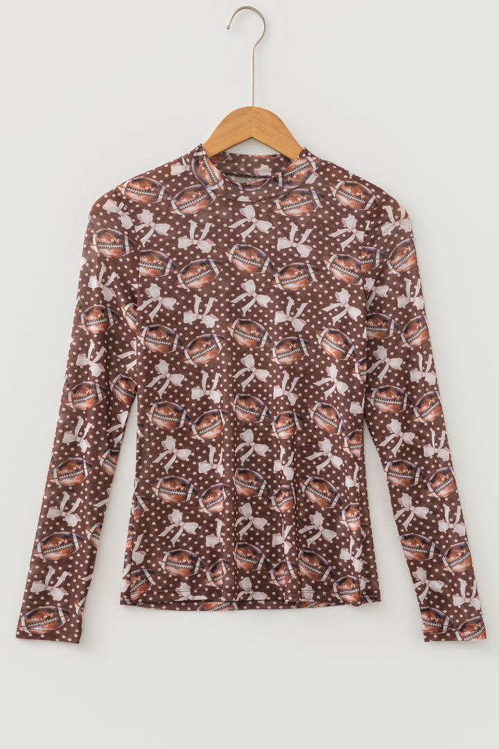 Brown Polka Dot Bow Printed Game Day Vibes Mesh Long Sleeve Top
