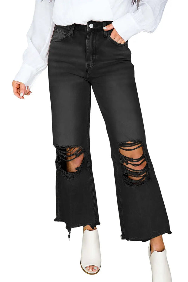 Distressed Hollow-out High Waist Cropped Flare Jeans -