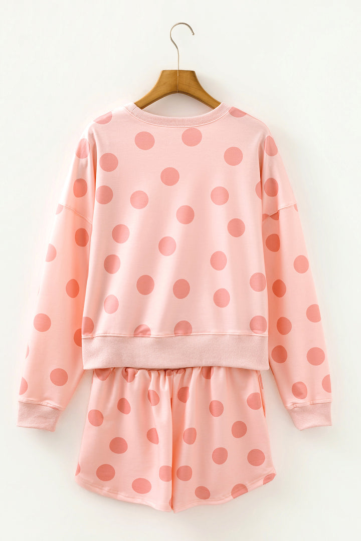 Polka Dot Print Drop Shoulder Pullover Drawstring Shorts Set