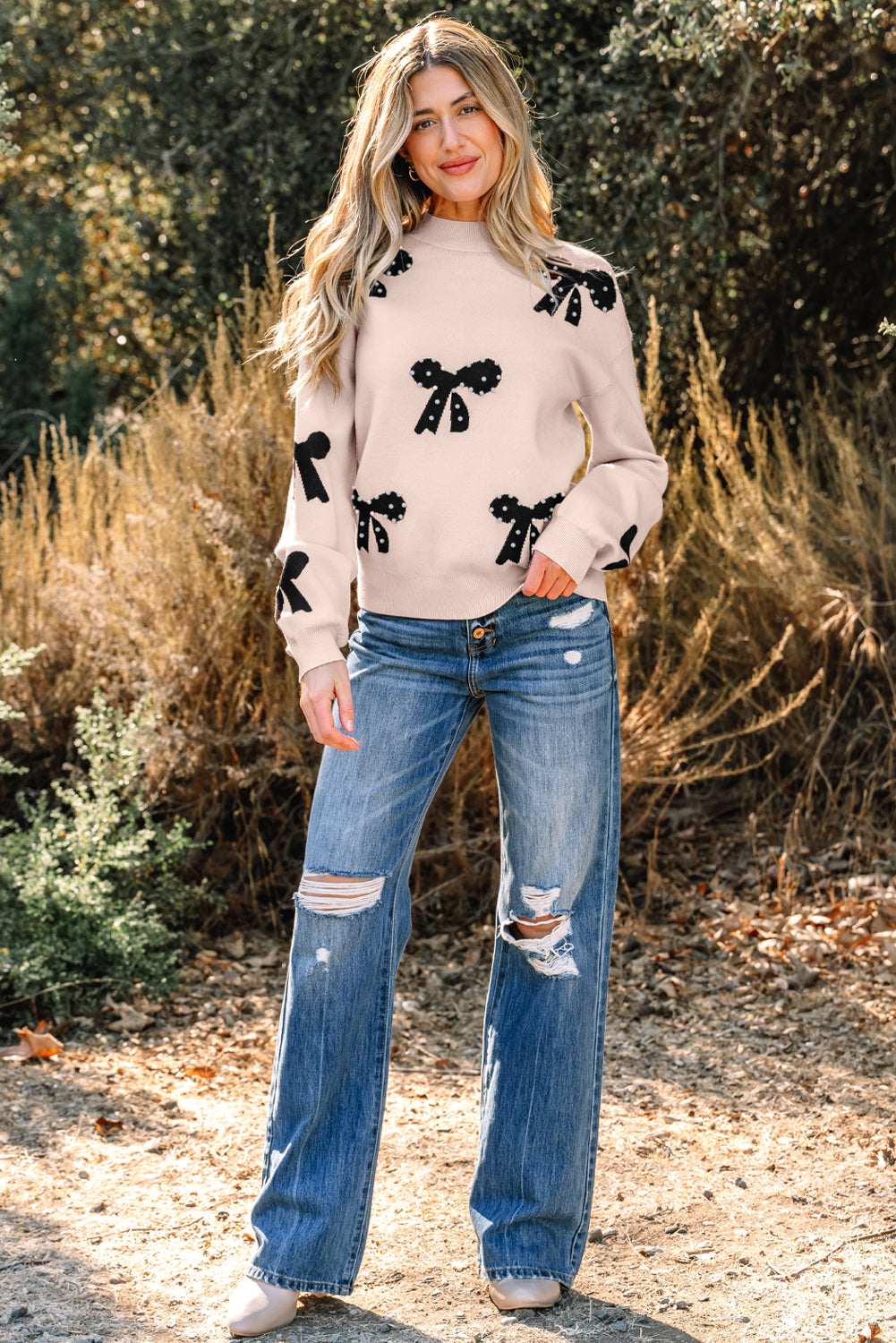 Pearl Embellished Bow Pattern Loose Sweater
