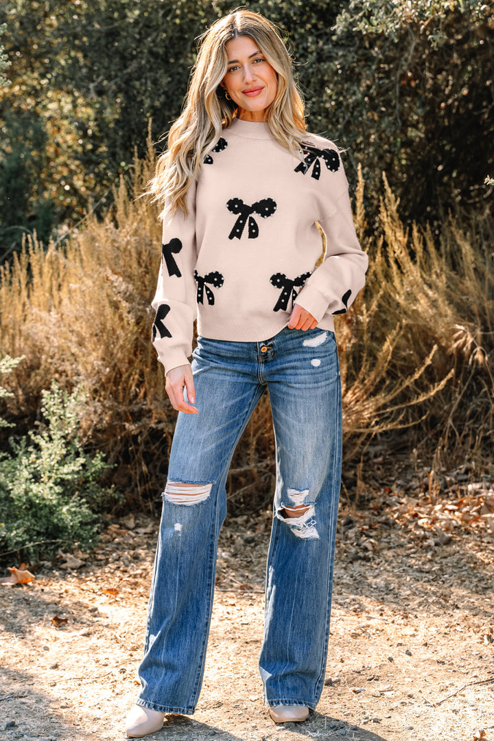 Pearl Embellished Bow Pattern Loose Sweater