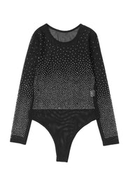 Black Rhinestone Embellished Mesh Long Sleeve Bodysuit -