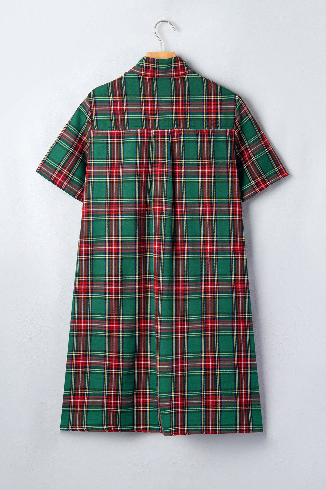 Green Plaid Button Front Short Sleeve Shift Dress