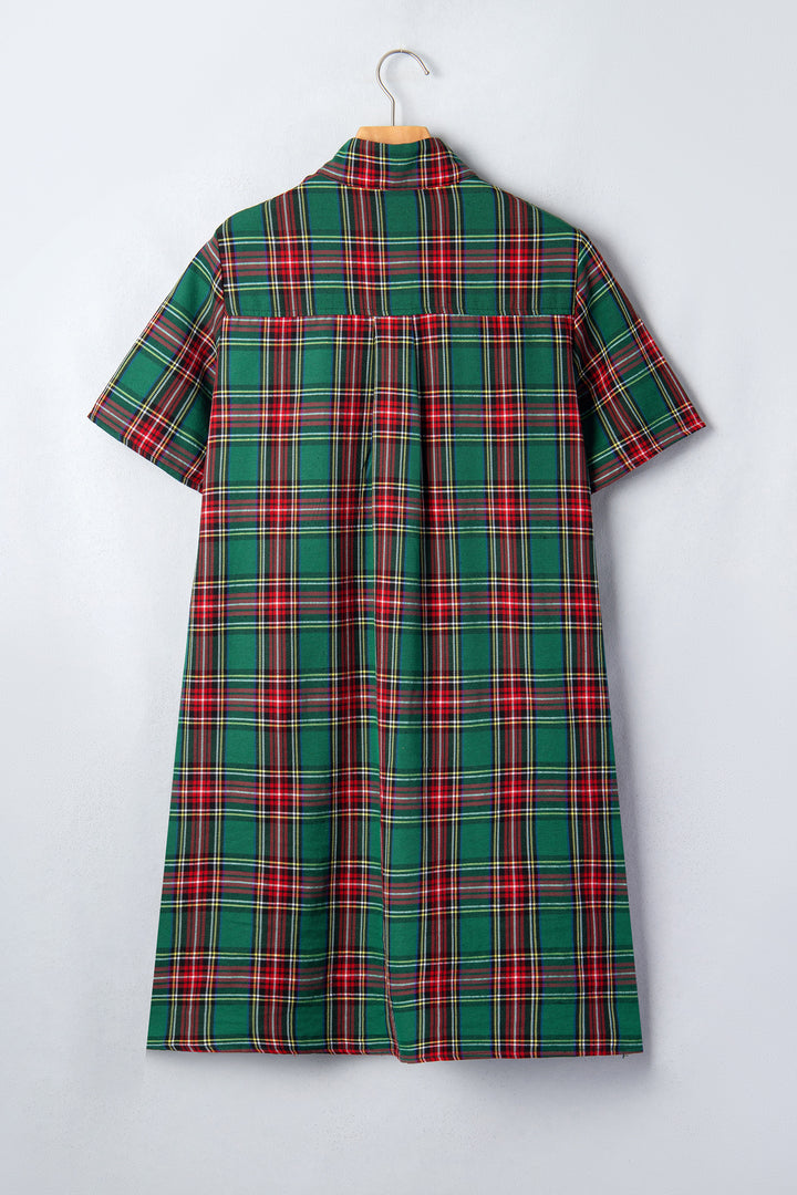 Green Plaid Button Front Short Sleeve Shift Dress