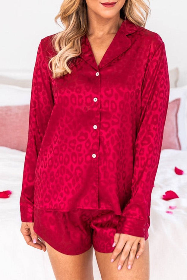Red Leopard Satin Long Sleeve Top & Shorts Loungewear Set -