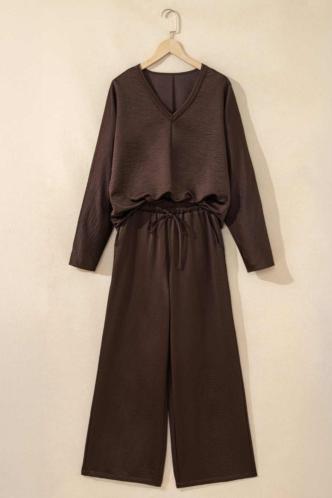 Dark Brown Braided V Neck Long Sleeve Loose Top and Drawstring High Waist Pants 2pcs Outfit