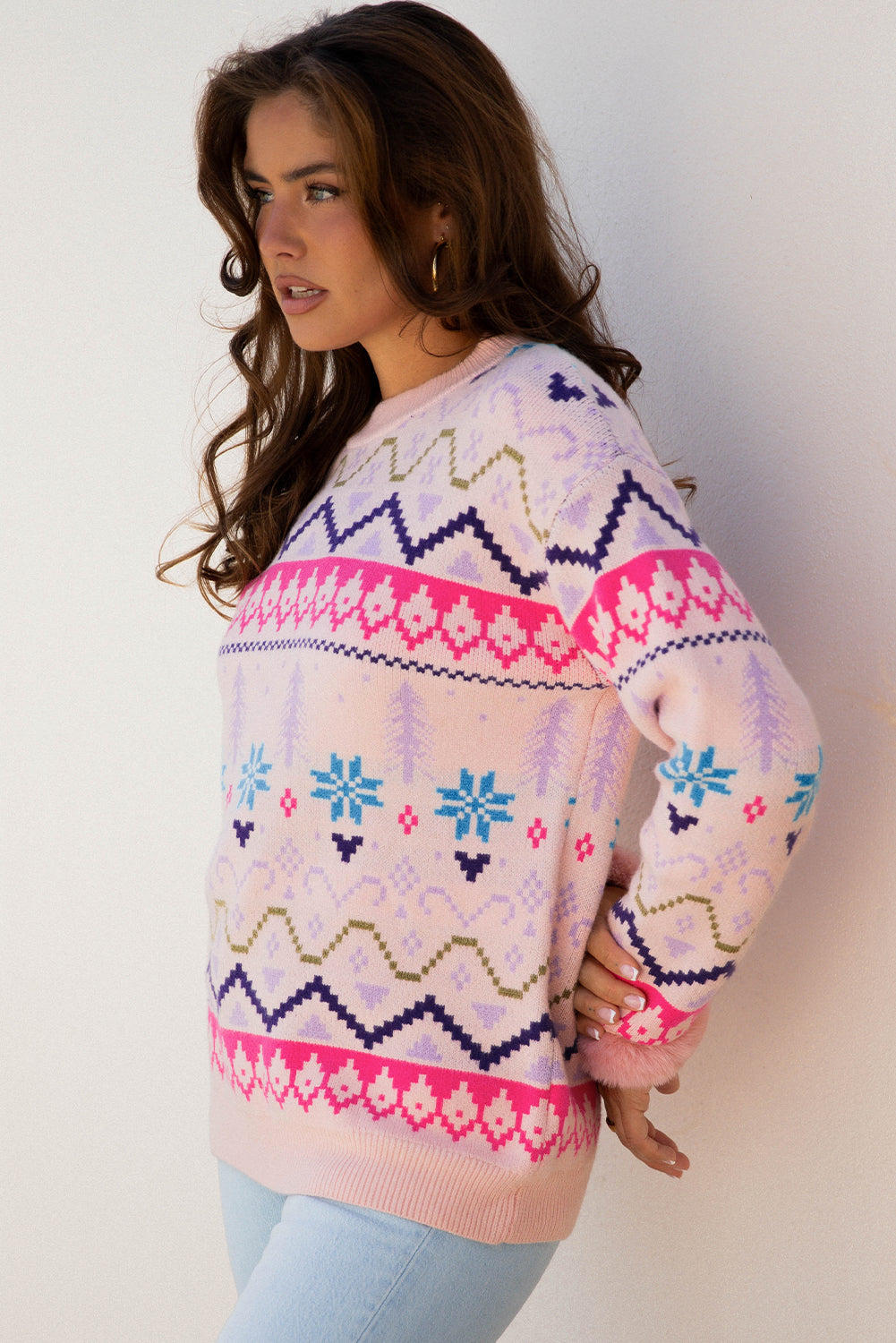 Multicolour Ethnic Christmas Pattern Knit Feather Cuffed Sweater